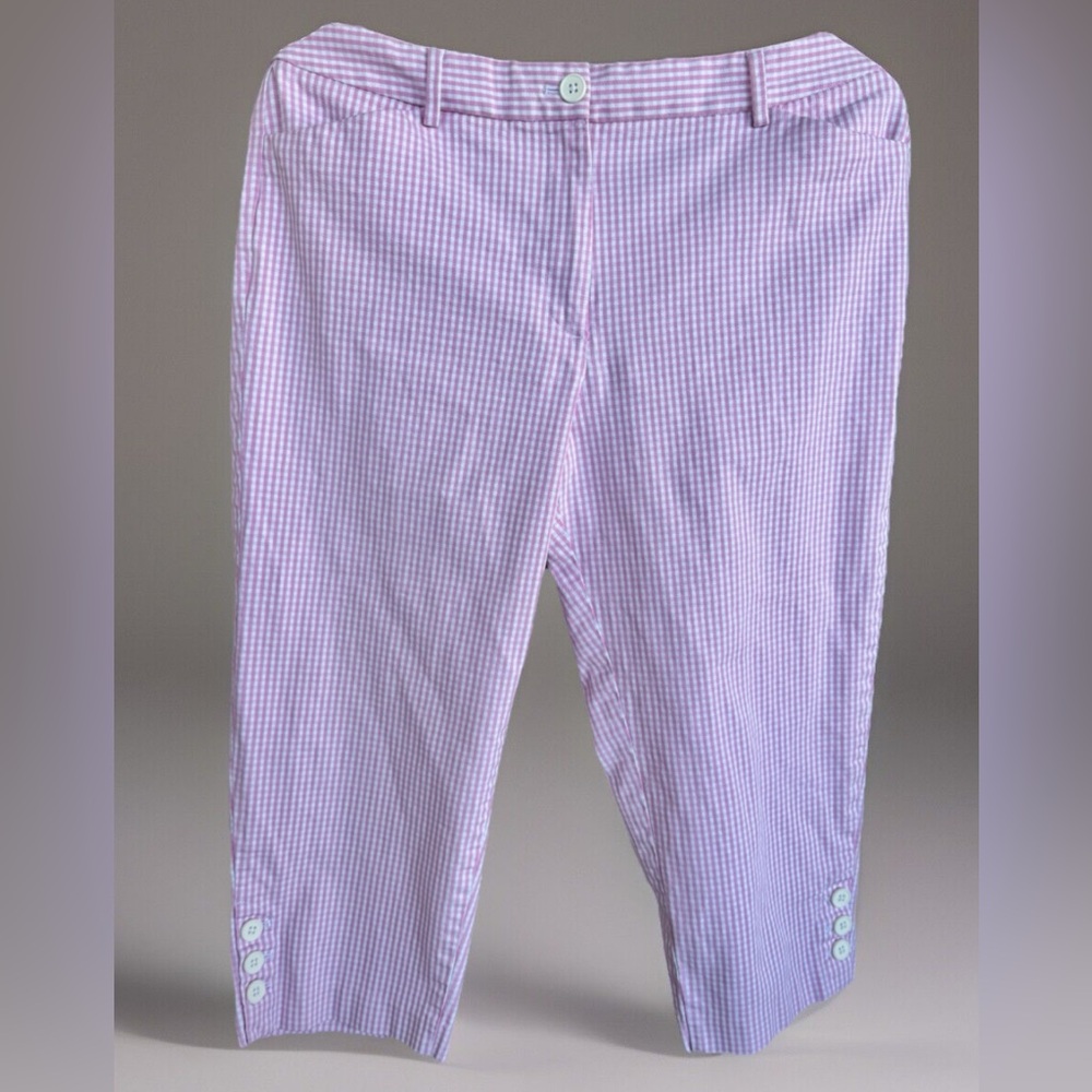 Talbots High-Rise Cotton/Spandex Capris Pink/White Houndstooth Button Hem 14